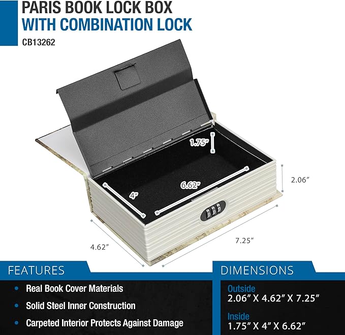 Barska Paris Hidden Book Safe – Combination Lock Diversion Lock Box – Portable Steel Safe for Home, Office, Travel – Secret Storage for Cash, Jewelry, Passport, Valuables