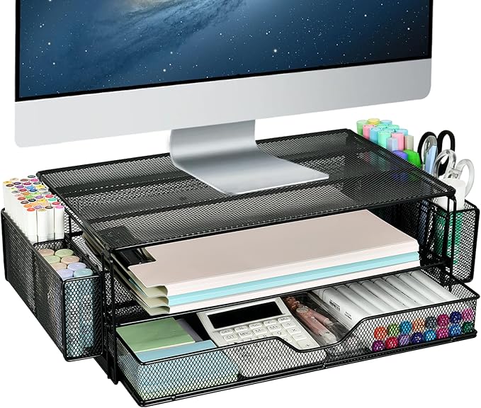 AUPSEN 2 Tier Computer Monitor Stands with Drawer and 2 Pencil Holder, Metal Monitor Stand Monitor riser, Computer Desk Organizer and Accessories for Laptop, Computer, Printer, Office Supplies(Black)