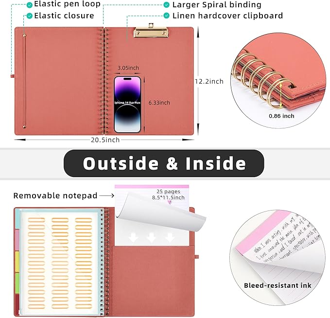 Ospelelf Red Foldable Spiral Clipboard Folio with Storage Zipper Pouch, 5 Plastic Folders with 10 Pockets, Refillable Lined Notepad (11" x 8.5"), Linen Hardcover Project Organizer
