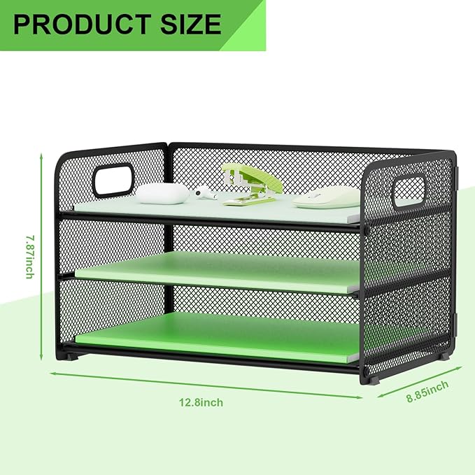 3 Tier Paper Letter Tray Organizer for Desk, Mesh File Folder Document Organizer with Handle for Home Office Supplies Desktop Accessories, Black