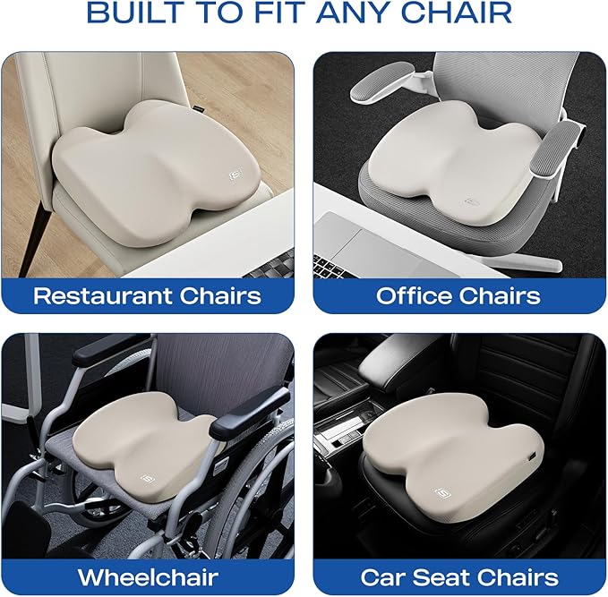 Skechers Seat Cushion, Ergonomic Memory Foam Cushion for Long Sitting Hours on Office & Home Chair, Car Seat Cushion for Sciatica, Coccyx Cushion,Beige