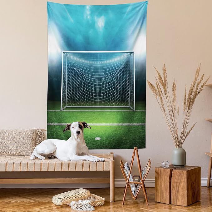 Ambesonne Soccer Tapestry, Soccer Goal Post Sports Area Winner Loser Line Floodlit Best Team Finals Game Theme, Fabric Wall Hanging Decor for Bedroom Living Room Dorm, 30" X 45", Green and Blue