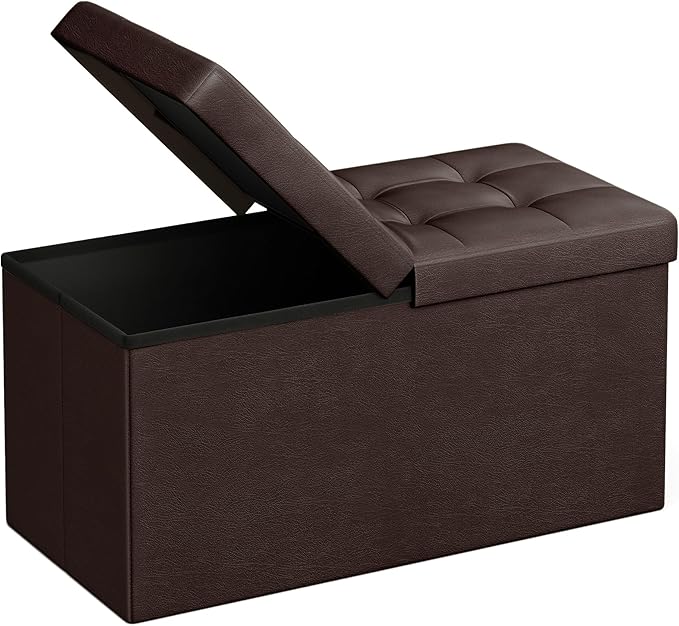 SONGMICS MAZIE Collection - 30 Inches Storage Ottoman Bench with Flipping Lid, Storage Chest Footstool, Load 660 lb, for Entryway, Living Room, Bedroom, Synthetic Leather, Brown ULSF45BR