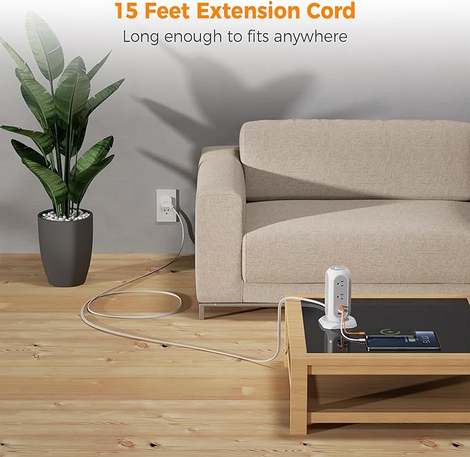15 ft Extension Cord Tower Power Strip, 11 Outlets 3 USB(1 USB-C) Chargers, TESSAN Surge Protector with Multi Plug Outlet, 1050J Protection, Office Supplies, Desk Accessories, School Dorm Essential
