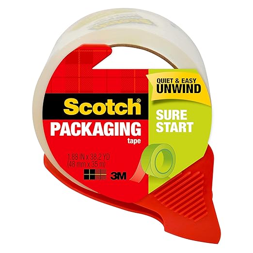 Scotch Sure Start Shipping Packaging Tape, 1.88"x 38.2 yd, Designed for Packing, Shipping and Mailing, Quiet Unwind, No Splitting or Tearing, 1.5" Core, Clear, 1 Dispensered Roll
