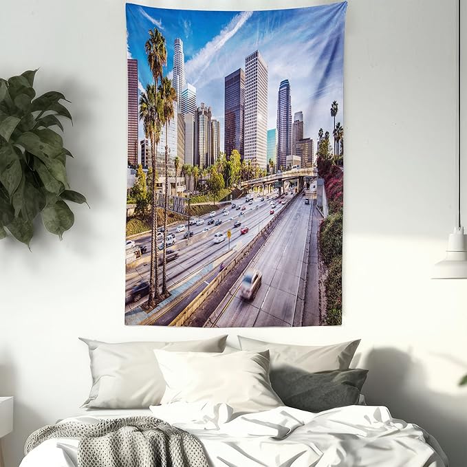 Ambesonne Travel Tapestry, Downtown Cityscape of Los Angeles California USA Avenue Buildings Palms Print, Fabric Wall Hanging Decor for Bedroom Living Room Dorm, 30" X 45", Blue Grey Green