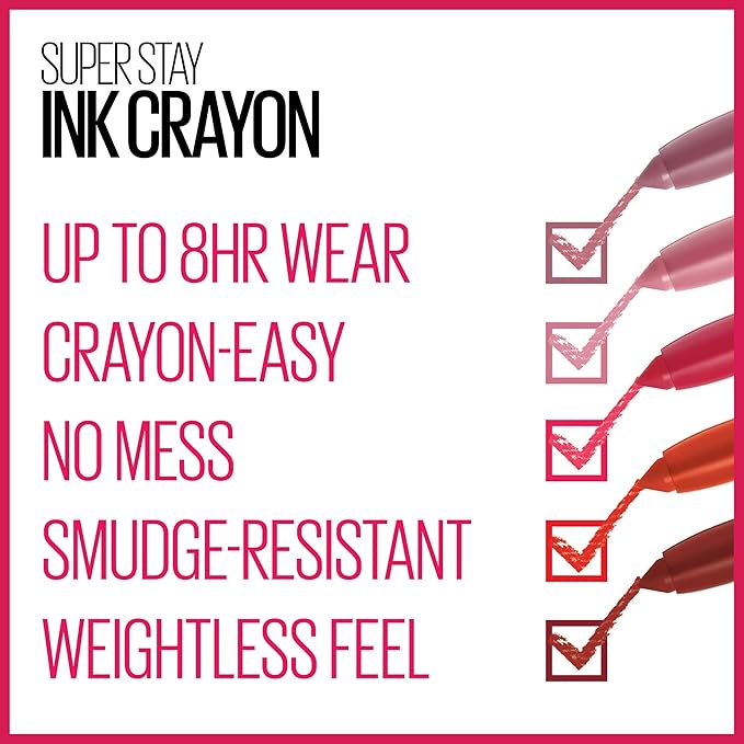 Maybelline Super Stay Ink Crayon Lipstick Makeup, Precision Tip Matte Lip Crayon with Built-in Sharpener, Longwear Up To 8Hrs, On The Grind, Purple Mauve Pink, 1 Count