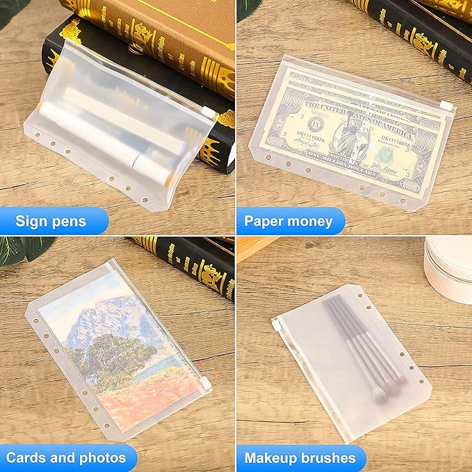 30pcs A6 Binder Pockets 6 Holes Zipper Folders Clear PVC Card Loose Leaf Bags Cash Envelopes for Budgeting Binder Waterproof Document Filing Bags for 6 Ring Notebook Planner Inserts
