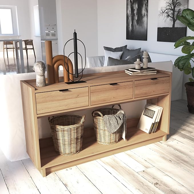 Prepac Natural Oak Simply Modern Entryway Table, Narrow Console Table with 3 Drawers, Media Console with Storage, 15.75" D x 60.25" W x 32" H