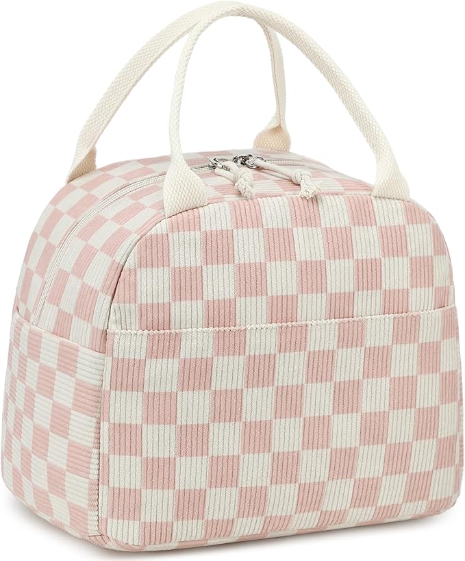 LEDAOU Lunch Box for Women Insulated Lunch Bag Corduroy Lunch Tote Bags Leakproof Cooler Lunch Case for Travel Work Picnic (Checkered-Pink)