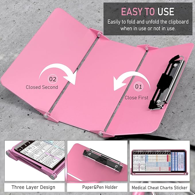 Nursing Clipboard Foldable, Foldable Clip Board w/Nursing Edition Cheat Charts, 3 Layers Aluminum, Nurse Plank w/Low Profile Clip&Pen Clip Pocket for Students, Nurses and Doctors, Pink