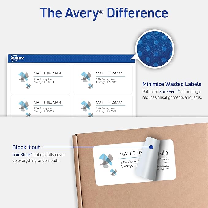 Avery Printable Shipping Labels with Sure Feed, 2" x 4" Customizable Stickers, White, 5,000 Blank Mailing Labels, Great for Mailing, Shipping, and More (5-Pack of 8463)