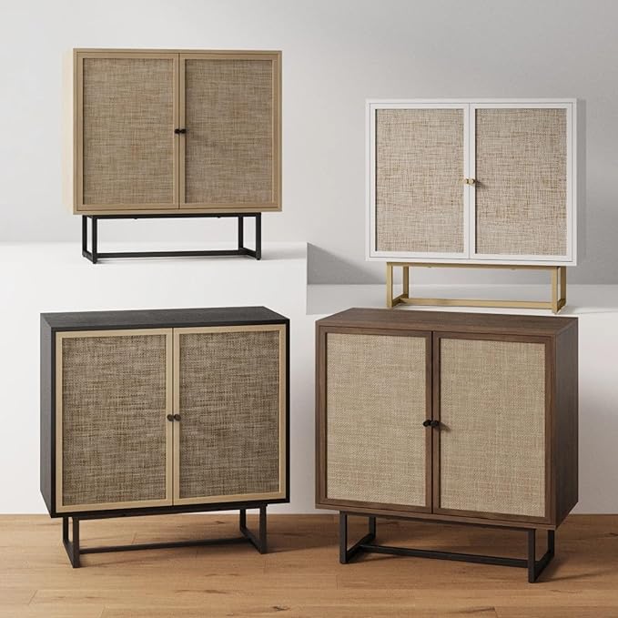 Nathan James Kova Rattan Wood Accent Sideboard Storage Cabinet TV Stand with Matte Metal Frame, Adjustable Shelves and Cane Doors, for Hallway, or Living Room, Light Oak/Cane/Black, Set of 4