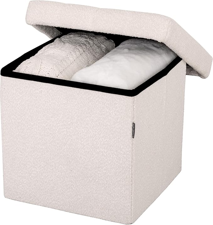 Seville Classics Cushioned Fabric Ottoman Hidden Storage Chest Footrest Chair, Padded Seat for Bedroom, Dorm, Loft, Living Room, Entryway, Hallway, White Boucle, 15.7" Cube