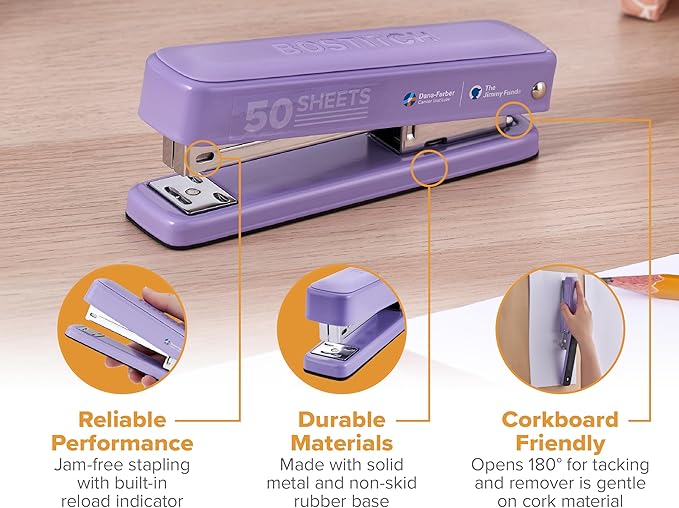 Bostitch Titan Heavy Duty Metal Stapler, 50 Sheet Capacity with 1250 Staples and Ergonomic Staple Remover, Jam Free Stapling, Full Strip Stapler for Desk, Office and Classroom, Purple