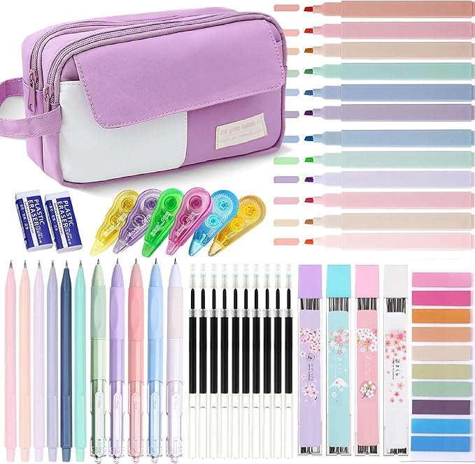 42 Pcs Big Capacity Pencil Pouch with Aesthetic School Supplies, 12 Pastel Highlighters, 5 Black Ink Gel Pens, 6 Mechanical Pencils Set 0.5 & 0.7mm, Sticky Notes, Stationary Set for Student(Purple)