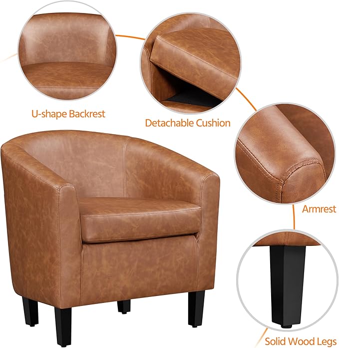 Yaheetech Brown Accent Chairs Set of 2, Faux Leather Barrel Chairs, Comfy Modern Leather Club Armchairs with Soft Seat for Living Room Bedroom Reading Waiting Room, Brown