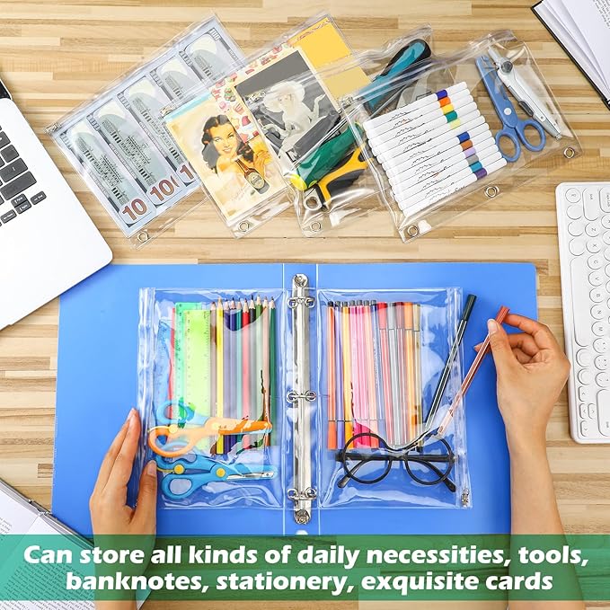 Lincia 5 Pack Clear Pencil Pouch for 3 Ring Binder Pencil Case with Zipper 3 Ring Binder Pocket Insert Bag 10 x 7'' Visible Cash Envelope with Re-enforced Grommet for Office (Clear)