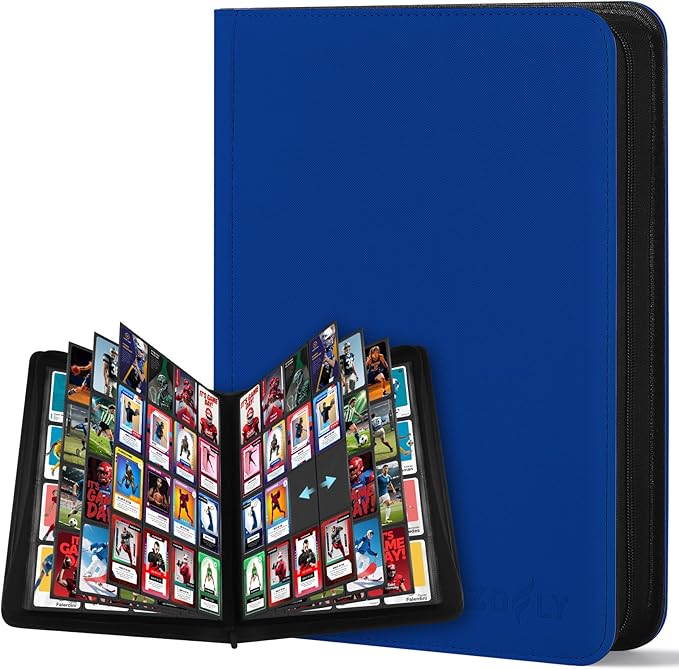 16 Pocket Card Binder, 1000+ Premium Zip Trading Card Binder, Double-sided Side Loading Card Collection Binder Album, Durable Leather Cover, Ringless Card Folder for Gifts, MTG, TCG, Sport Cards, Blue