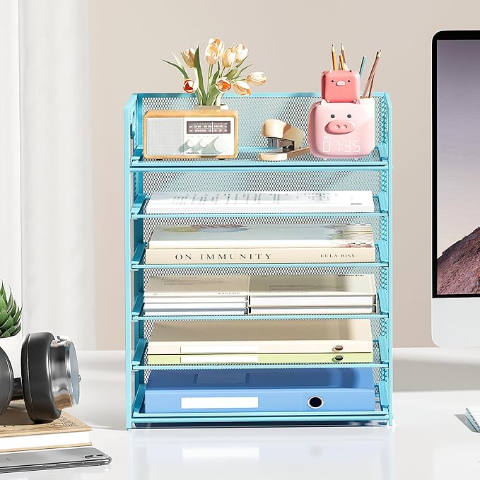 Subekyu 6 Tier Office File Paper Desk Tray Organizer with Handle, Stackable Slide Mesh Letter Tray Folder Blue Desk Organizer, Desktop Document Sorter for Classroom, Office, Home Supplies Storage