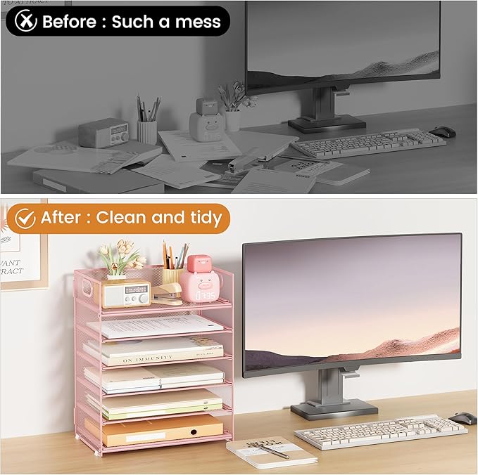 Subekyu 6-Tier Desk Paper Organizer, Desktop File Letter Tray with Handle, Document Sorter and Accessories Holder for Office, Home and School Workspace Organizers, Pink-2 Pack