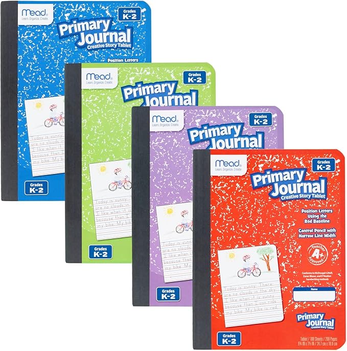 Mead Primary Journal, 12 Pack, Half Page Ruled, Grades K-2, 7-1/2" x 9-3/4", 100 Sheets per Journal, Assorted Colors (610052-ECM)