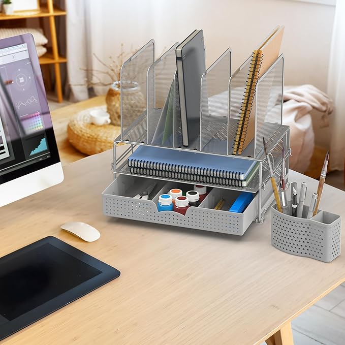 Simple Houseware Mesh Desk Organizer with Sliding Drawer, Double Tray and 5 Upright Sections, Silver