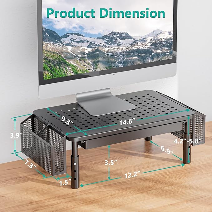 WALI Dual Monitor Stand with Storage, Desk Organizer with Drawer and Pen Holder, Desk Monitor Riser 3 Height Adjustable, Laptop Riser for Computer, Laptop, Printer (STT003DH-2B), 2 Pack, Black