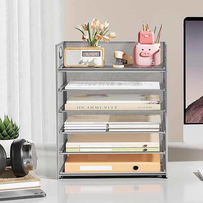 Subekyu 6-Tier Desk Paper Organizer, Desktop File Letter Tray with Handle, Document Sorter and Accessories Holder for Office, Home and School Workspace Organizers, Silver - 2 Pack