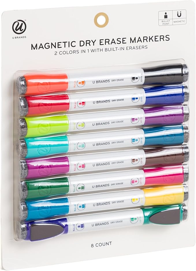 U Brands Fine Tip Dry Erase Markers with Eraser, Magnetic Double Ended Whiteboard Markers, Low Odor, Assorted Bright Colors, Set of 8