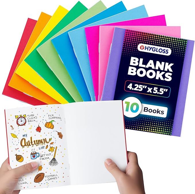 Hygloss Blank Books - Bulk 10 Pack – 4.25" x 5.5" A6 Assorted Colors – Paperback Blank Books for Kids to Write Stories, Doodle Art – Plain Drawing Sketchbook, Unlined Journal, Notebook Without Lines