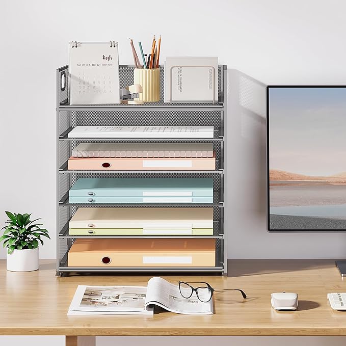 Subekyu 6-Tier Desk Paper Organizer, Desktop File Letter Tray with Handle, Document Sorter and Accessories Holder for Office, Home and School Workspace Organizers, Silver - 2 Pack