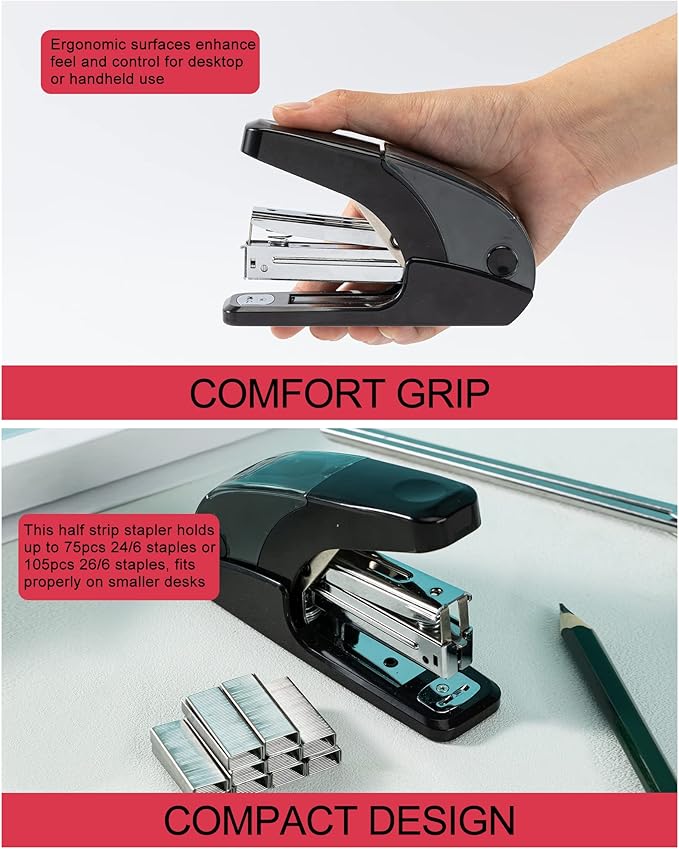 PAPERPAL Effortless Standard Stapler Set, 20 Sheet Capacity, Half Strip with Built-in Staples Storage, Includes 1000 pcs 1/4“ Staples & A Staple Remover, for Office, School & Personal Use, Black