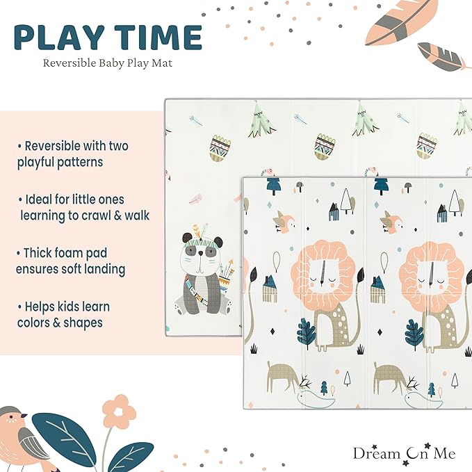 Dream On Me Play Time Reversible Baby Play Mat Foldable Extra Large Thick Foam Crawling Playmats for Toddlers Waterproof Portable Playmat , Goofy Den