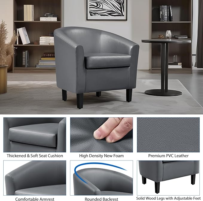 Yaheetech Barrel Chairs, Faux Leather Chairs, Modern Leather Club Chairs Comfy Gray Accent Chairs with Sturdy Wood Legs for Living Room/Bedroom/Reading Room/Waiting Room, Gray, Set of 2