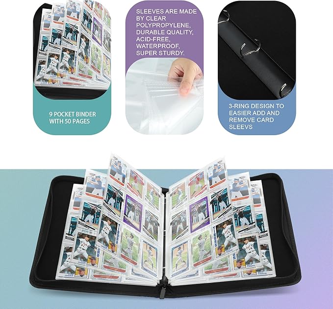 9 Pockets Trading Card Binder with Sleeves Card Organizer, 900 Double Sided Pocket PU Card Collection Binder, Baseball Binder,for Sports Card, MTG, TCG Yugioh Card (Gray)
