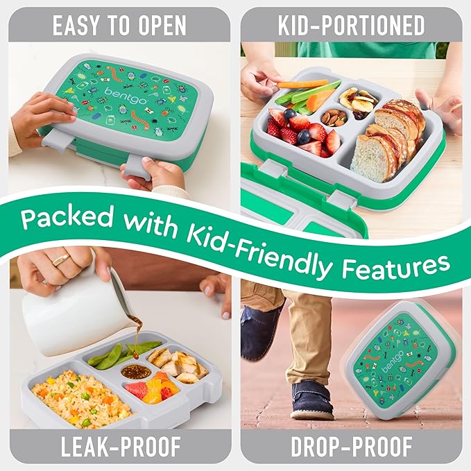 Bentgo Kids Prints Leak-Proof, 5-Compartment Bento-Style Kids Lunch Box - Ideal Portion Sizes for Ages 3-7, Durable, Drop-Proof, Dishwasher Safe, & PFAS & BPA-Free Materials (Bug Buddies)