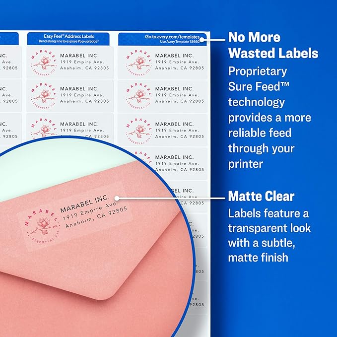 Avery Matte Clear Return Address Labels, Sure Feed Technology, Laser, 1/2" x 1-3/4", 2,000 Labels, 5 Packs (5667)