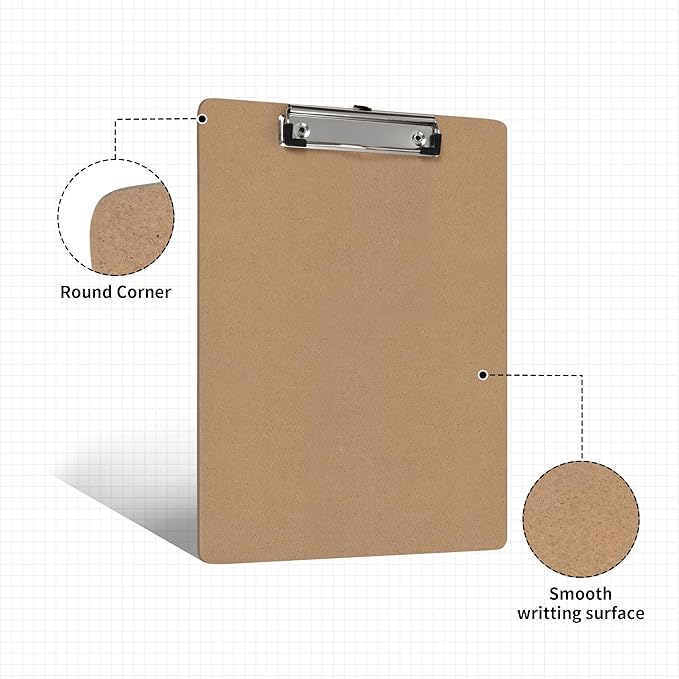 Clipboards 20 Pack Letter Size 9" x 12.5" Clipboards Bulk, Wooden Hardboard A4 Clip Boards Pack for 8.5" x 11" Paper with Low Profile Clip, Hanging Loop for Office Home Classroom