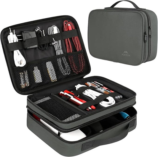 MATEIN Electronics Organizer Travel Case, Large Cable Storage Bag, Water Resistant Carrying Case with Handle, Tech Organizer for Tablet (Up to 12.9inch), USB Charger, Clipper, Grey