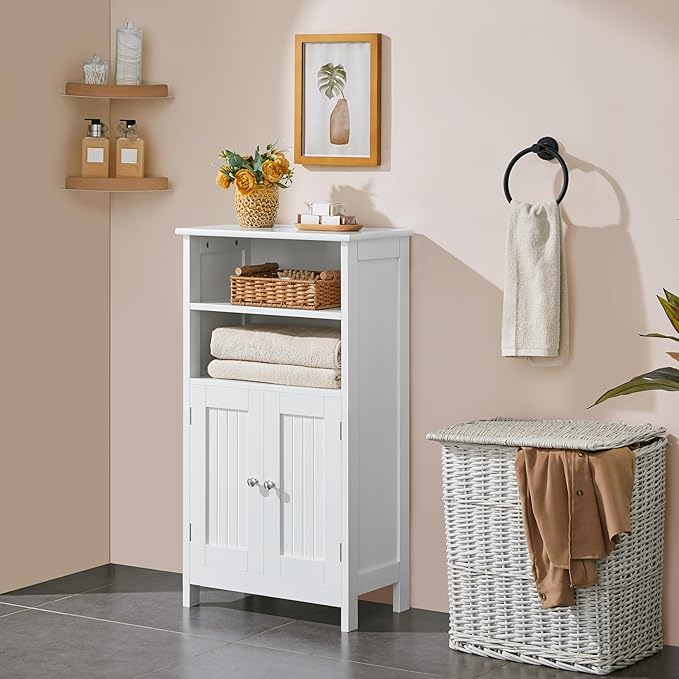 Yaheetech Bathroom Floor Cabinet, Free Standing Cabinet with Double Door and Adjustable Shelf, Side Tall Storage Organizer for Living Room/Kitchen/Hallway/Home Office, White