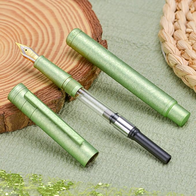 Hongdian 1851 Forest Fountain Pen Applegreen Ice Flowers, Medium Nib Classic Design with Converter and Metal Pen Case