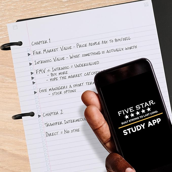 Five Star Flex Refillable Notebook + Study App, College Ruled Paper and 1 Inch TechLock Ring Binder with Pockets, Tabs and Dividers, 200 Sheet Capacity, Black (29328AA2)