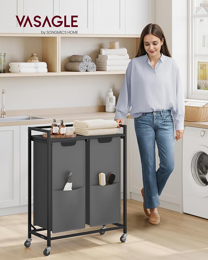VASAGLE Laundry Sorter, 29 Gal. (110 L) Laundry Hamper Basket with 2 Compartments, Rolling Cart with Wheels, Shelf, Removable Bags, Pockets, Slate Gray and Charcoal Gray UBLH021G01