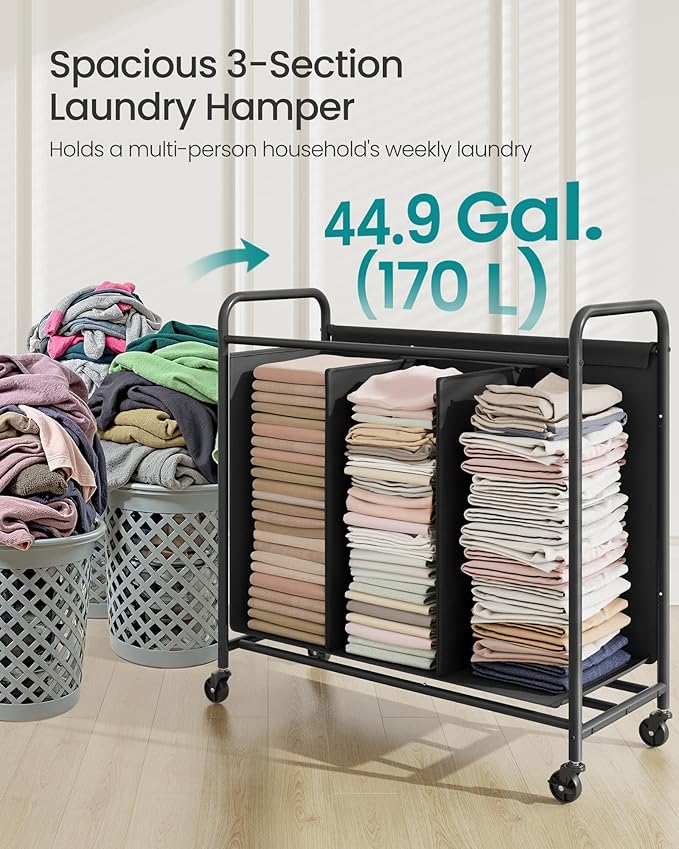 SONGMICS 3-Section Laundry Sorter, Laundry Hamper with Wheels, Rolling Clothes Hamper Cart with Large Capacity and Removable Bags, for Laundry Room, Bedroom, Bathroom, Ink Black URLS330B01