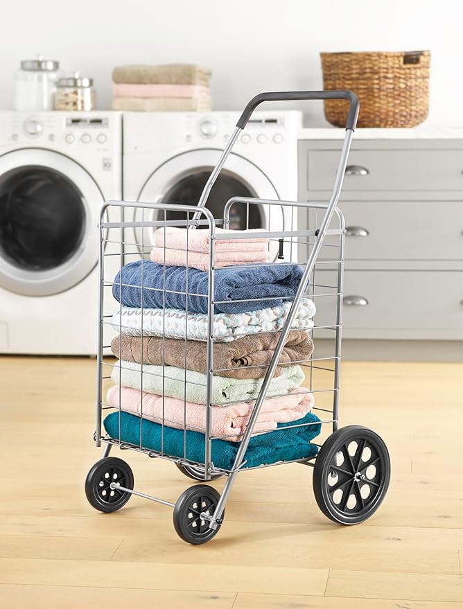 Whitmor Deluxe Utility Foldable Shopping Cart with Wheels, 100 Lb Capacity, Heavy Duty Grocery Cart with Steel Frame, Foam Handle, Rolling Folding Utility Trolley for Grocery, Laundry, Travel, Gray