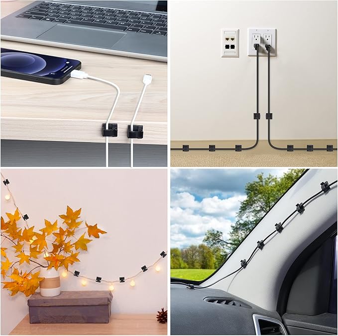 100 PCS Adhesive Cable Clips (Small, White&Black), Upgraded Wall Wire Holder Cord Organizer for Cable Management Under Desk, Light Clips Hooks for LED, Car Dash Cam, USB Cable