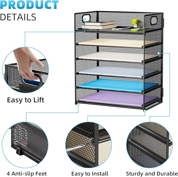 Marbrasse 2 Pack Desk Organizer with Handle, 6 Tier Paper Letter Tray, Mesh Desk File Organizer for Office, School and Home