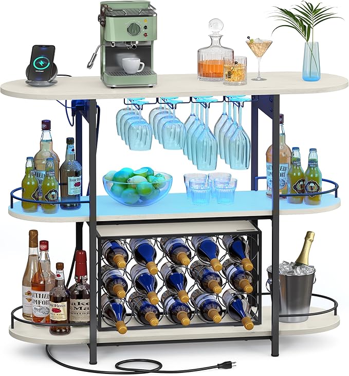VASAGLE Bar Cabinet with LED Lights and Power Outlets, Freestanding Coffee Bar Wine Cabinet, Wine Rack, Glass Holder, Mini Bar for Liquor and Glasses, Kitchen, Dining Room, Rustic White ULWR007W01S