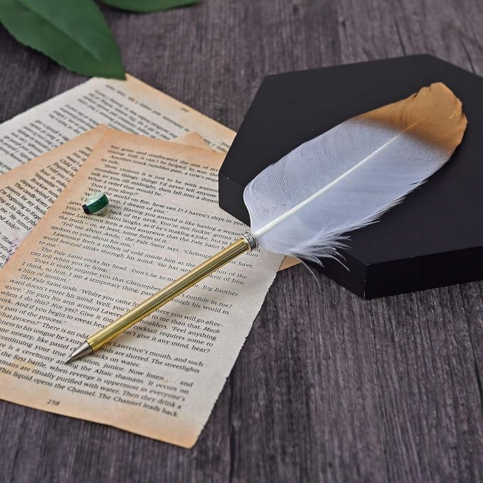 Quill Pen Vintage Feather Calligraphy Pen Refined Quill Ballpoint for Writing Signature or Gift Wedding Bridal(Pink)